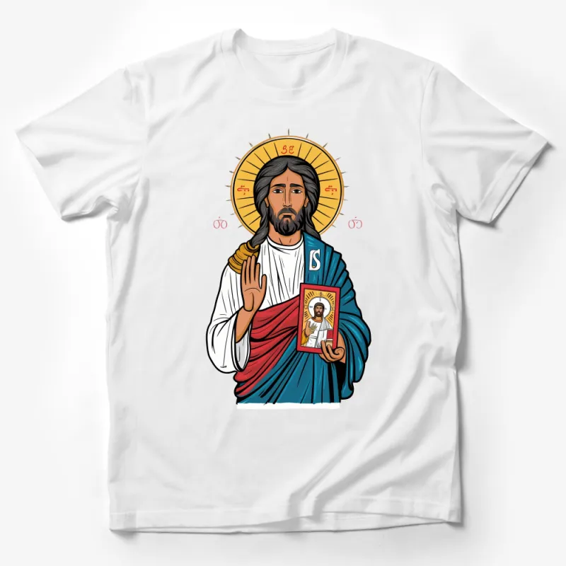 Unique Hand-Drawn Jesus Holding Bible Graphic Tee, Spiritual Christian Art T-Shirt Male T-Shirt