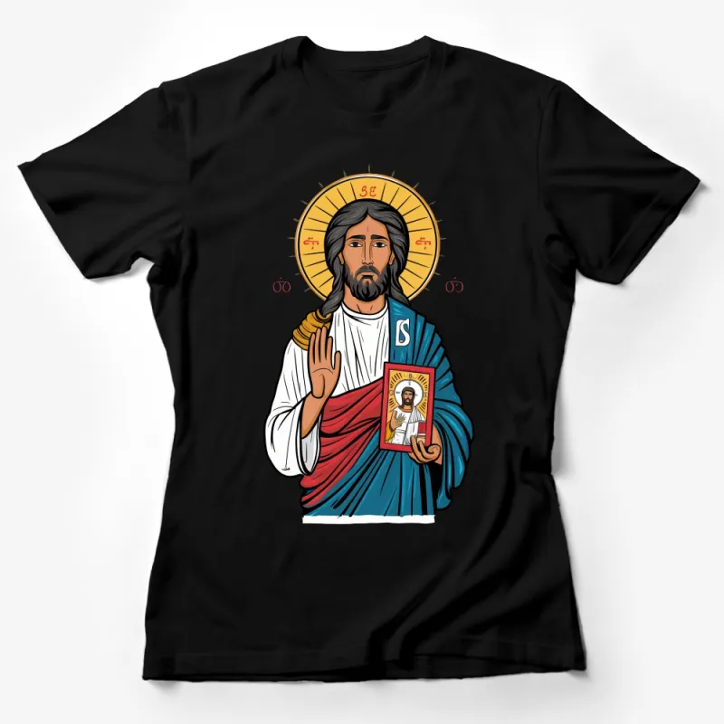 Unique Hand-Drawn Jesus Holding Bible Graphic Tee, Spiritual Christian Art T-Shirt Female T-Shirt