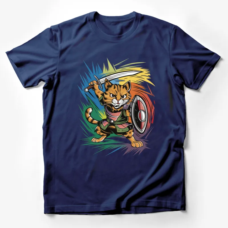 Fierce Warrior Cat T-Shirt, Cartoon Kitty with Sword on Colorful Background Male T-Shirt