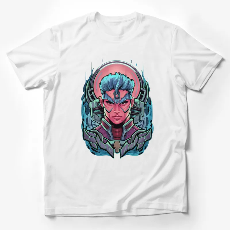 Futuristic Cyber Warrior Graphic T-Shirt, Sci-Fi Cyberpunk Hero Tee Design, Colorful Illustration Apparel Male T-Shirt