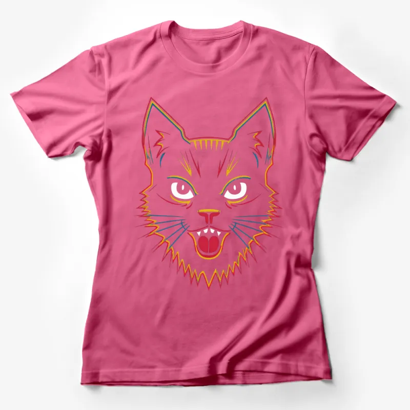 Abstract Cat Face T-Shirt, Colorful Feline Design, Graphic Tee for Cat Lovers, Artistic Kitten Portrait Shirt, Casual Wear Female T-Shirt