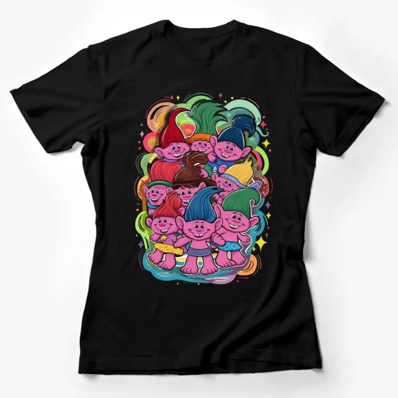 Colorful Cartoon Troll Characters T-Shirt, Fun Kids Birthday Party Gift, Fantasy Creatures Group Design Female T-Shirt