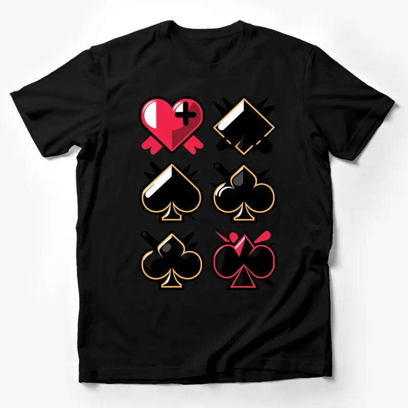 Trendy Graphic T-Shirt with Bold Poker Symbols - Heart, Diamond, Club, Spade Design Male T-Shirt