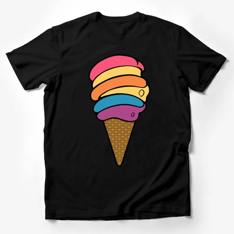 Colorful Rainbow Swirl Ice Cream Cone Graphic Tee Shirt for Summer Fun Male T-Shirt