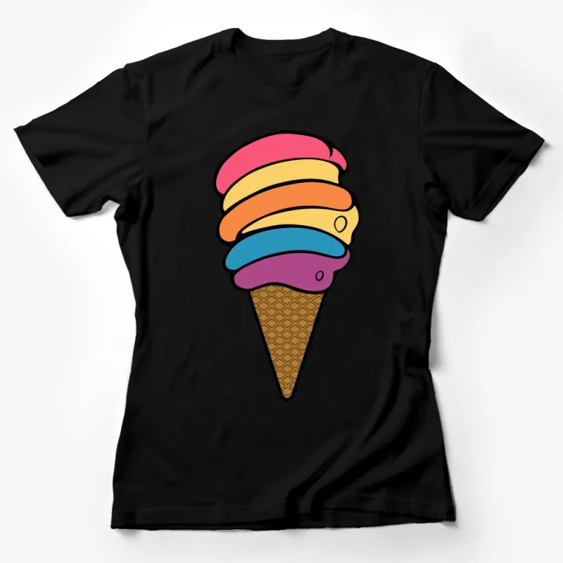 Colorful Rainbow Swirl Ice Cream Cone Graphic Tee Shirt for Summer Fun Female T-Shirt