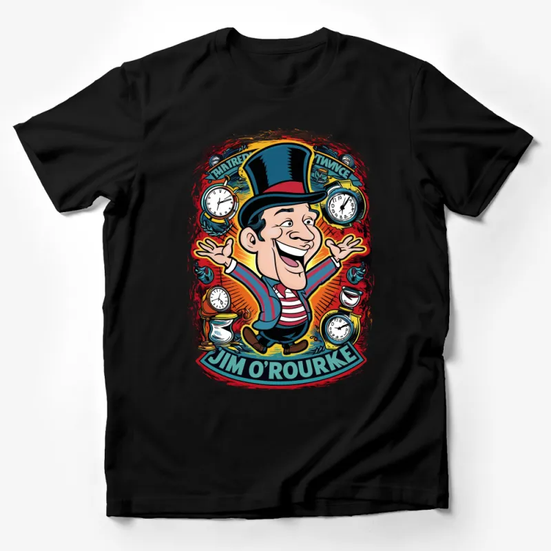 Vintage Cartoon Circus Ringmaster Themed Graphic Tee with Clocks and Hat Male T-Shirt