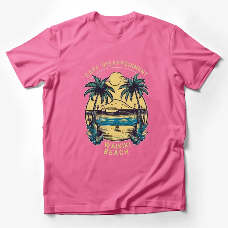 Tropical Beach T-Shirt, Cape Disappointment Waikiki Beach Graphic Tee, Summer Palm Trees Shirt, Unisex Surf Style Top Male T-Shirt