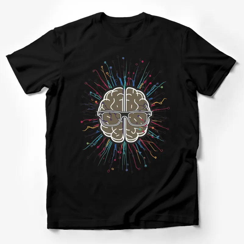 Colorful Brain with Sunglasses and Exploding Ideas Graphic T-Shirt Design Male T-Shirt