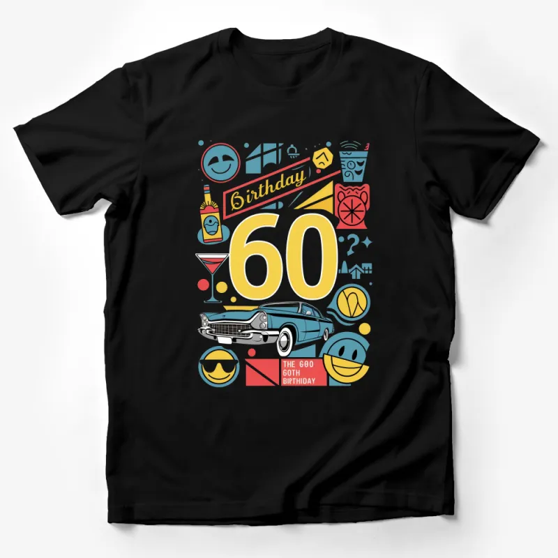 Colorful 60th Birthday Celebration T-Shirt with Vintage Car and Retro Elements Male T-Shirt