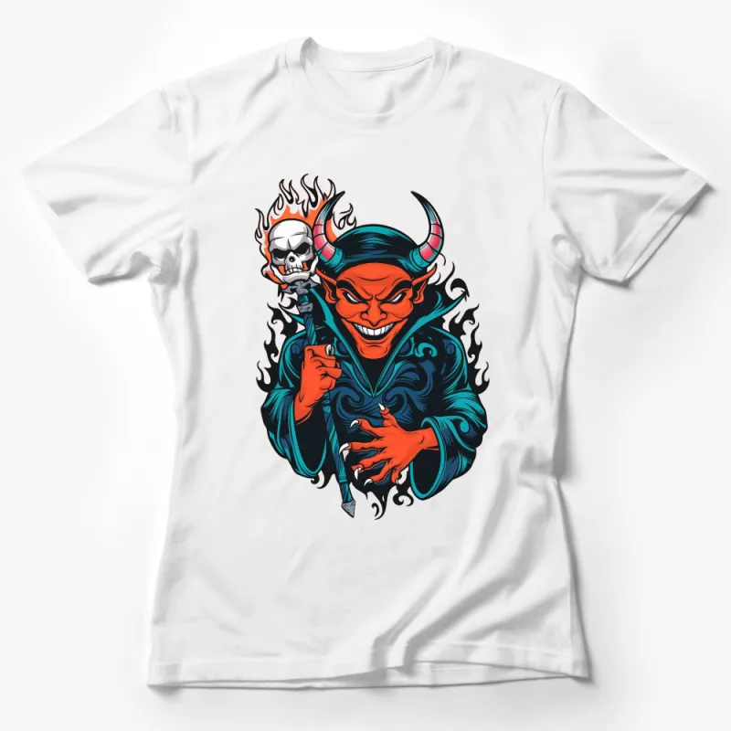 Fiery Skull and Demon Illustration T-Shirt, Unique Graphic Tee, Fantasy Art Clothing, Unisex Shirt Gift Female T-Shirt