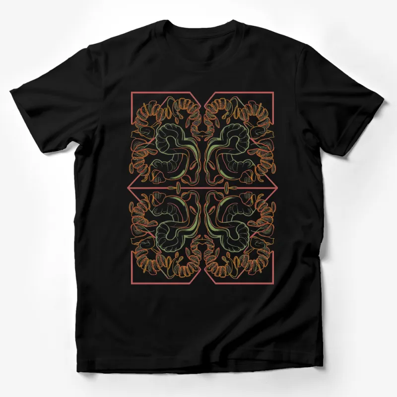 Floral Symmetry Art Patterned T-Shirt, Unique Botanical Design Tee for Nature Lovers Male T-Shirt