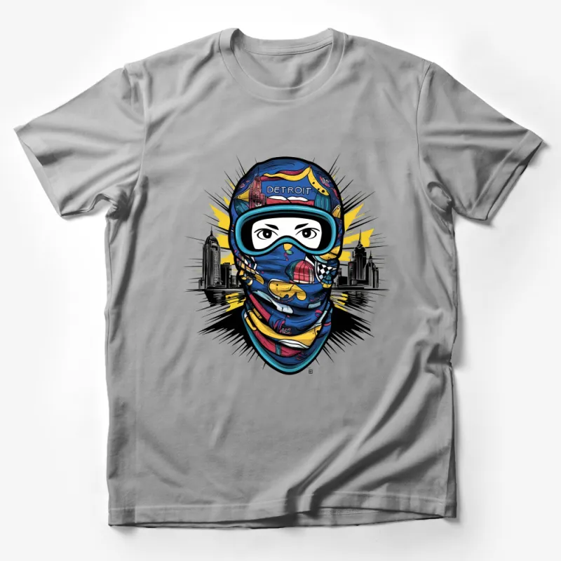 Vibrant Detroit Skyline Themed Urban Art T-Shirt, Colorful City and Ski Mask Design, Unisex Apparel Male T-Shirt