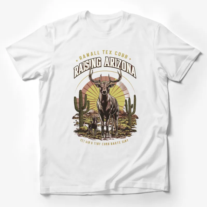 Raising Arizona Inspired T-Shirt, Vintage Movie Graphic Tee, Elk and Cacti Design, Unisex Casual Wear Male T-Shirt