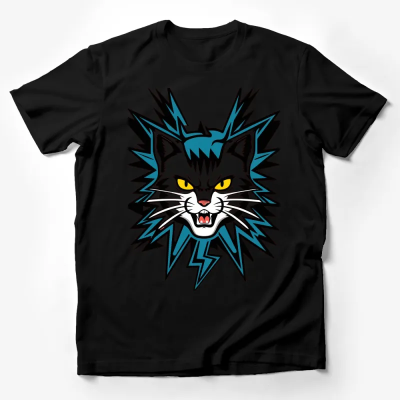 Men's Graphic Tee, Fierce Cat Design, Modern Urban Style Shirt, Cool Feline Illustration, Bold Electric Blue, Casual Streetwear Male T-Shirt