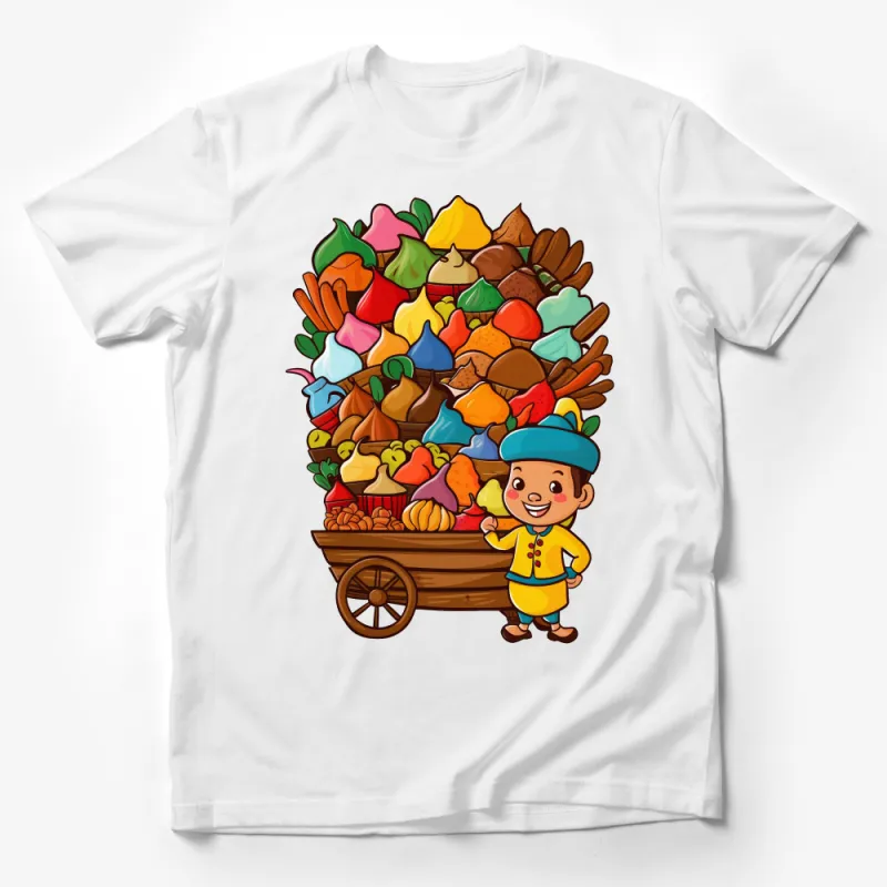 Colorful Candy Cart T-Shirt, Kids Sweet Treats Graphic Tee, Unisex Cartoon Vendor Shirt, Fun Candy Design Top, Gift for Candy Lovers Male T-Shirt