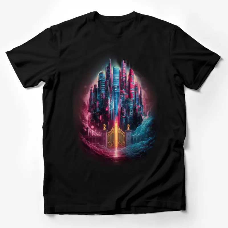 Futuristic Cityscape Graphic Tee, Cyberpunk Skyline T-Shirt, Sci-Fi Urban Art Shirt, Vibrant Neon Colors Clothing for Men and Women Male T-Shirt