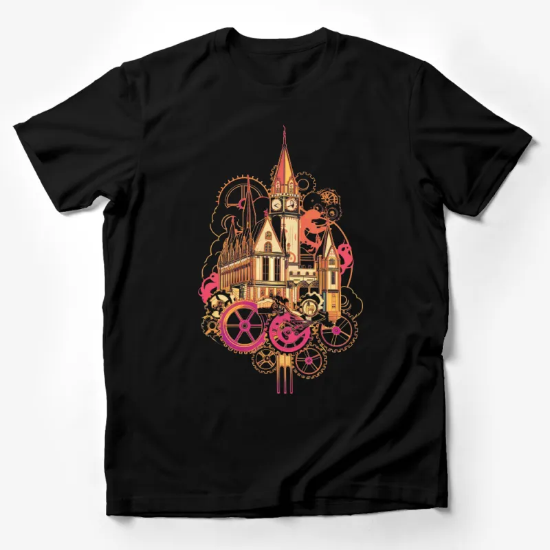 Steampunk Cathedral Graphic Tee, Vintage Architectural Art T-Shirt, Fantasy Clockwork Design Shirt, Unique Illustration Apparel Male T-Shirt