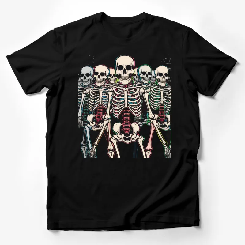 Unique Skeleton Group T-Shirt, Vibrant Colorful Bones Graphic Tee, Unisex Skull Design Top, Goth Style Casual Wear, Gift for Friends Male T-Shirt