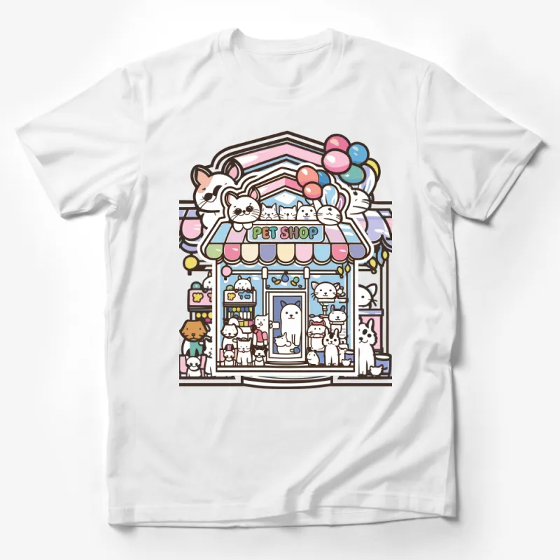 Cute Cat Pet Shop Illustration T-Shirt, Colorful Kawaii Cats Tee, Unisex Cartoon Animal Shirt, Gift for Cat Lovers Male T-Shirt