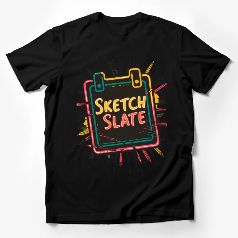 Retro Sketch Slate T-Shirt, Artistic Drawing Board Tee, Creative Artist Gift, Neon Graphic Shirt, Unisex Casual Wear Male T-Shirt