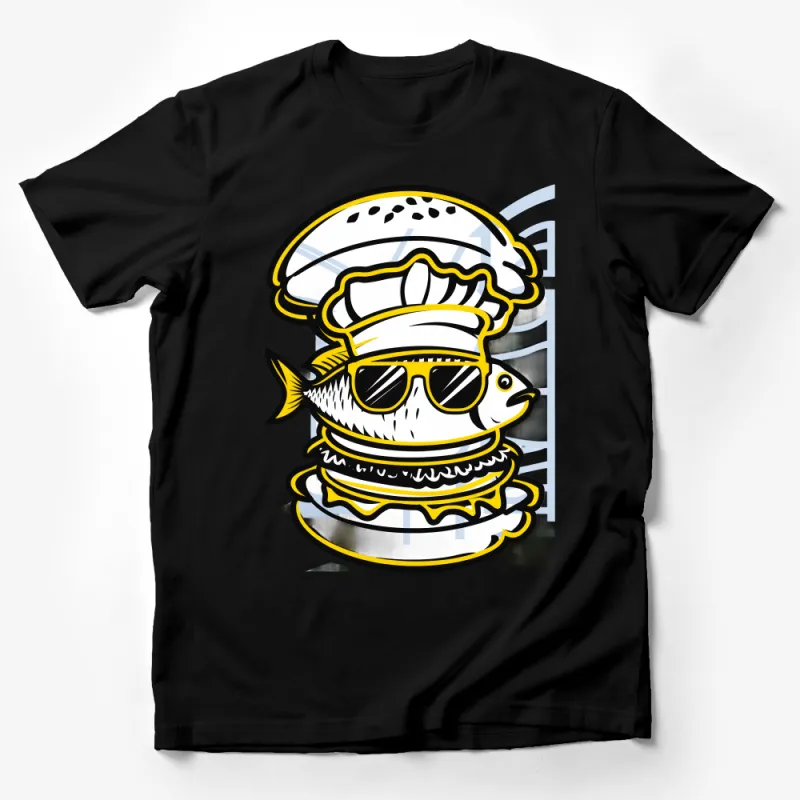 Cool Chef Fish Sandwich Graphic Tee, Unisex T-Shirt with Quirky Design, Unique Illustrated Foodie Shirt Male T-Shirt