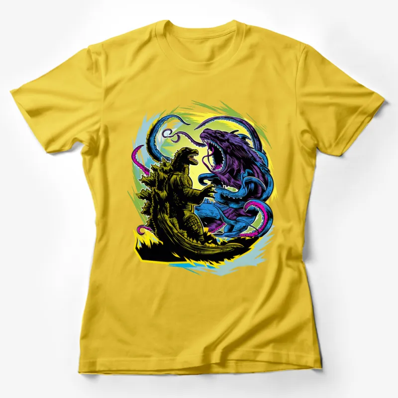 Monster Battle Graphic Tee, Godzilla vs Kaiju, Epic Creature Showdown, Unisex T-Shirt, Vibrant Illustration, Fan Art Apparel Female T-Shirt