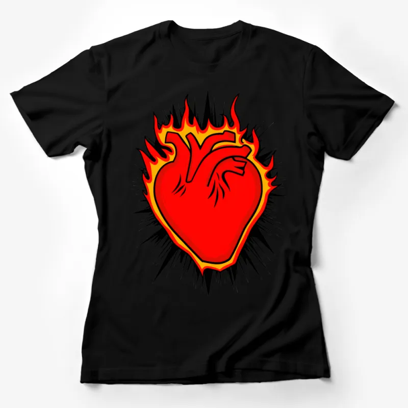 Fiery Heart Graphic T-Shirt, Bold Red Love Symbol Tee, Unisex Fashion Streetwear, Casual Comfortable Graphic Shirt, Trendy Apparel Female T-Shirt