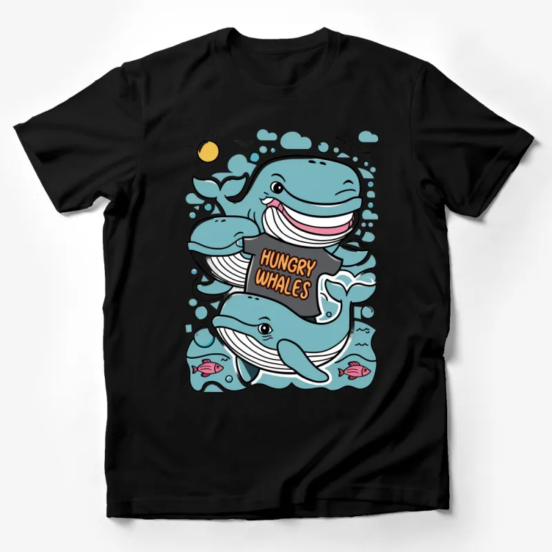 Cute Cartoon Whale Family T-Shirt, Playful Ocean Animals Unisex Tee, Fun Summer Kids and Adults Apparel Male T-Shirt