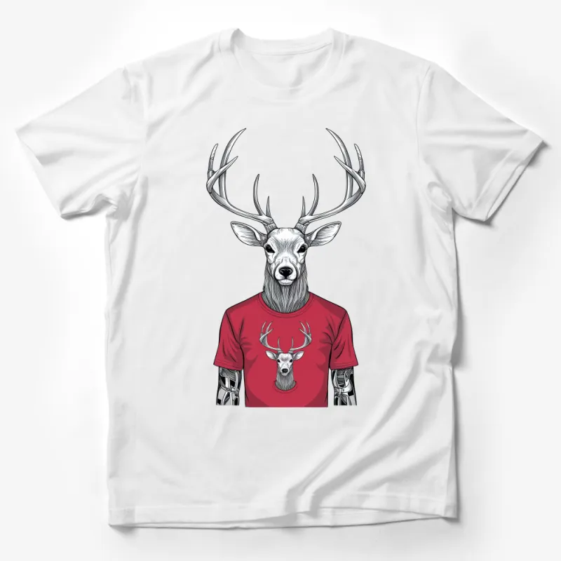 Stag Graphic T-Shirt, Deer Head Illustration, Red Unisex Tee, Wildlife Art, Casual Streetwear, Nature Lover Gift Male T-Shirt