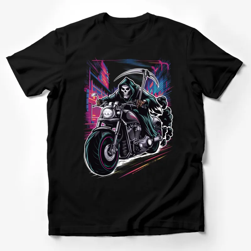 Men's Graphic T-Shirt, Grim Reaper on Motorcycle, Urban Streetwear, Biker Tee, Skull Print, Cool Rider Shirt, Unique Goth Apparel Male T-Shirt