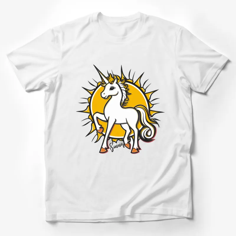 Unicorn Graphic Tee, Sunburst Unicorn Silhouette, Casual Summer T-Shirt, Vibrant Fantasy Animal Shirt, Unique Unisex Tee Male T-Shirt