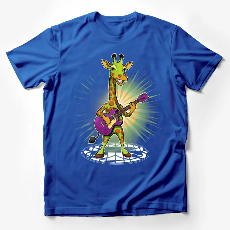 Guitar Playing Giraffe T-Shirt, Colorful Animal Musician Tee, Cartoon Giraffe Band T-Shirt, Rockstar Giraffe Apparel for All Ages Male T-Shirt