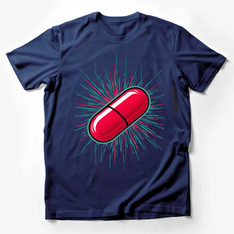 Abstract Capsule Explosion Graphic Tee, Artistic Pill Design, Modern Fashion T-Shirt, Vibrant Casual Streetwear Top Male T-Shirt