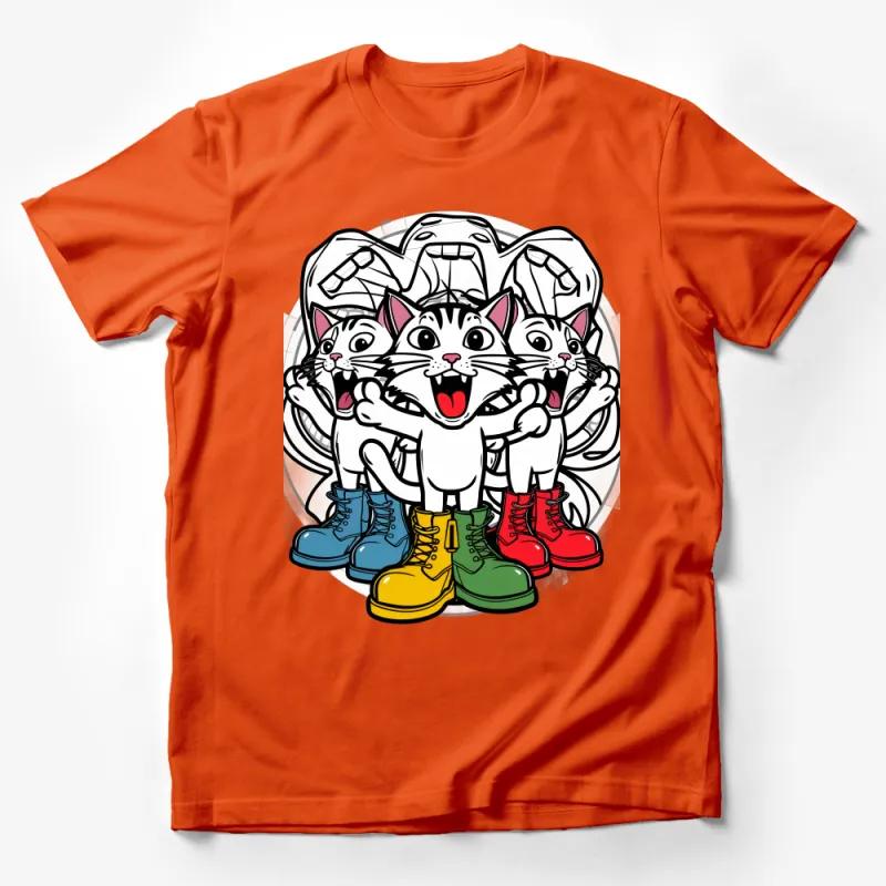 Whimsical Cat and Colorful Boots Graphic Tee, Fun Cartoon Style T-Shirt, Casual Crew Neck Shirt for Cat Lovers, Unisex Male T-Shirt