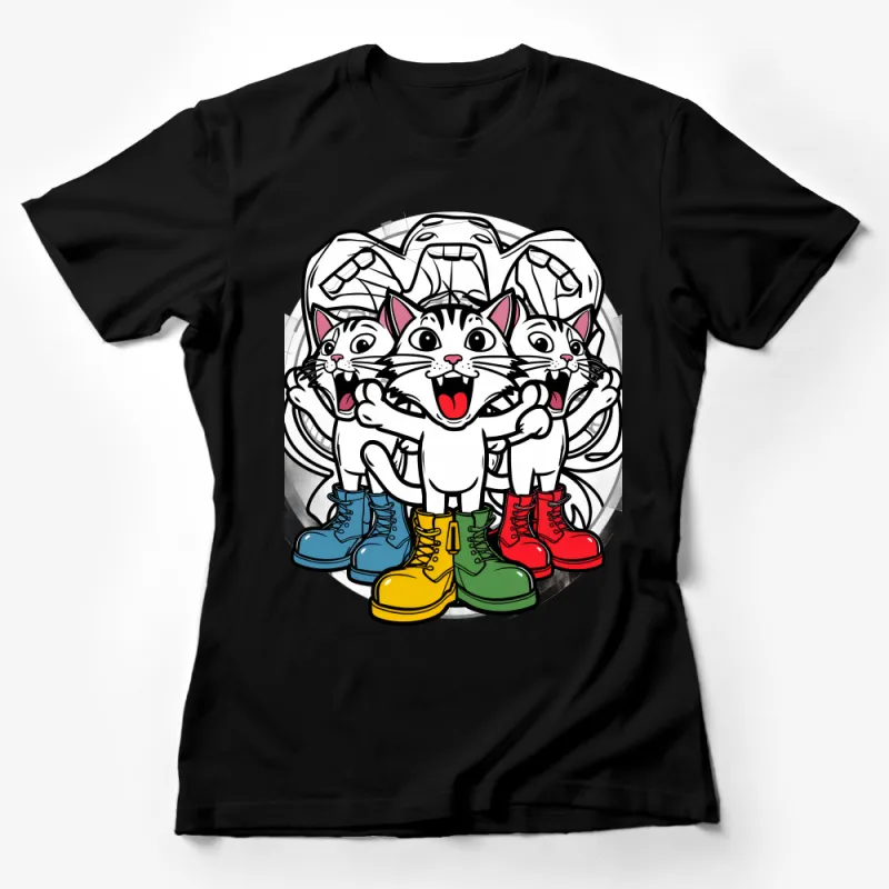 Whimsical Cat and Colorful Boots Graphic Tee, Fun Cartoon Style T-Shirt, Casual Crew Neck Shirt for Cat Lovers, Unisex Female T-Shirt