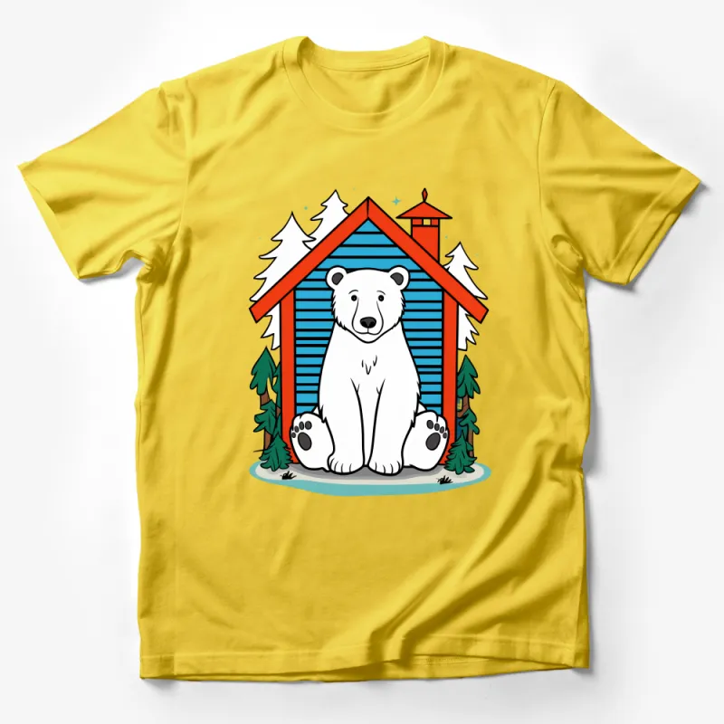 Cute Polar Bear Cartoon T-Shirt, Unisex Animal Lover Tee, Cozy Cabin Graphic Shirt, Casual Wildlife Apparel Male T-Shirt