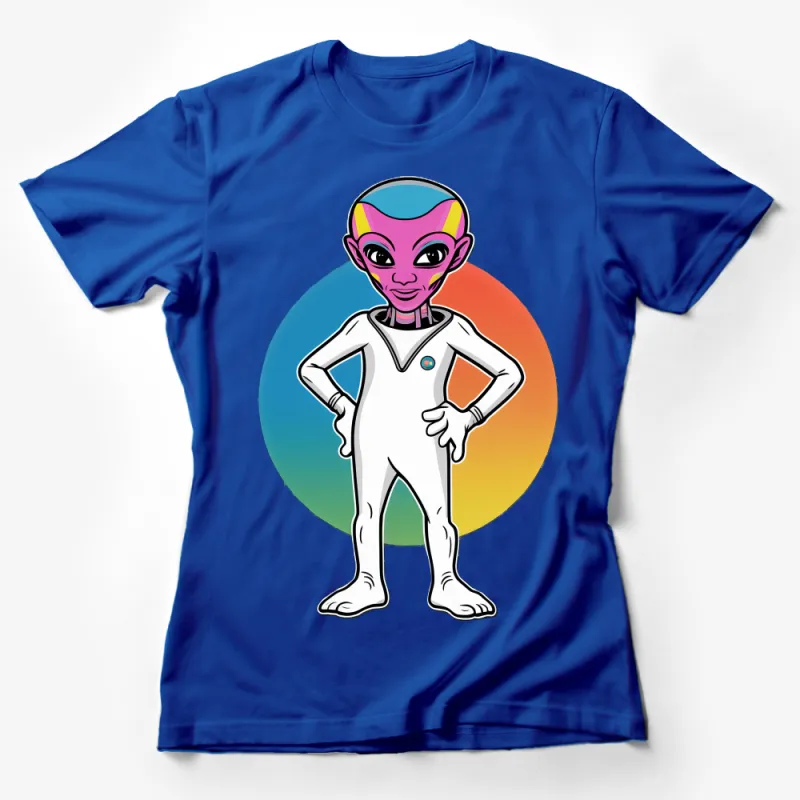 Colorful Alien Mascot Graphic Tee, Unisex Sci-Fi Cartoon Character Shirt, Casual Space-Themed Apparel Female T-Shirt