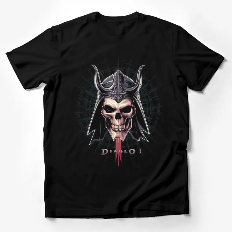 Gothic Skull and Helmet T-Shirt, Fantasy Warrior Graphic Tee, Diablo Inspired Dark Art, Urban Streetwear, Unisex Clothing, Gift for Gamers Male T-Shirt