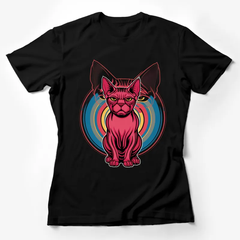 Funky Red Cat T-Shirt, Retro Sphynx Cat Tee, Cool Feline Lover Shirt, Unique Graphic Design Top, Unisex Casual Wear Female T-Shirt