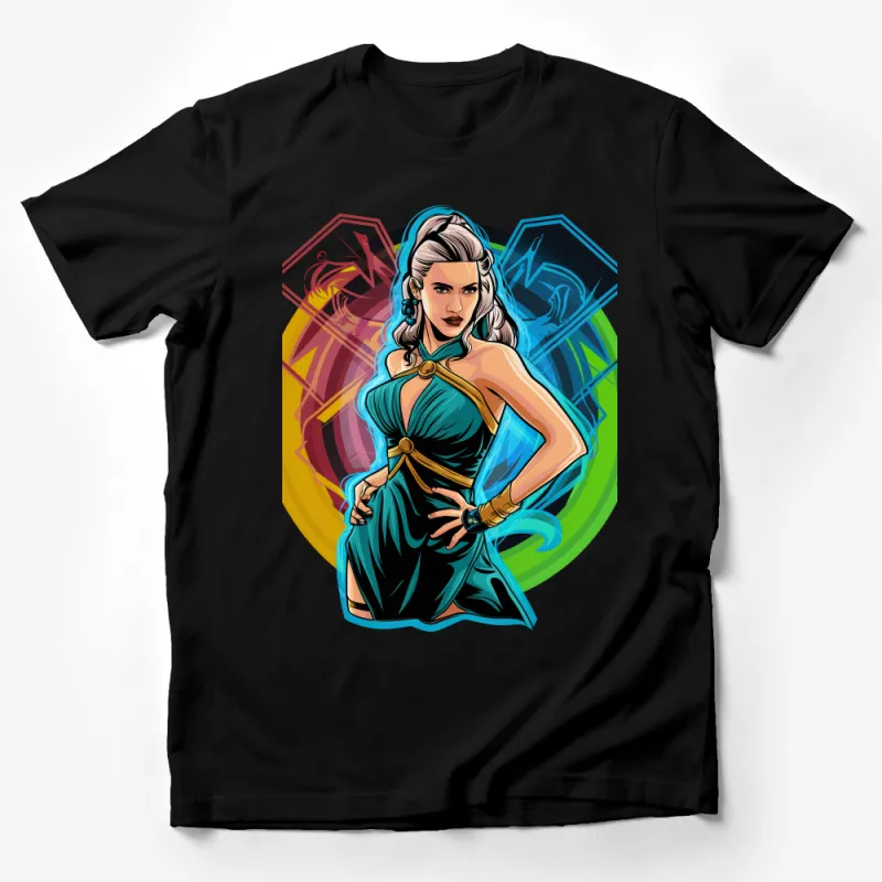 Woman Superhero Comic Graphic Tee, Stylish Pop Art T-Shirt, Vibrant Casual Wear, Gift for Comic Fans Male T-Shirt