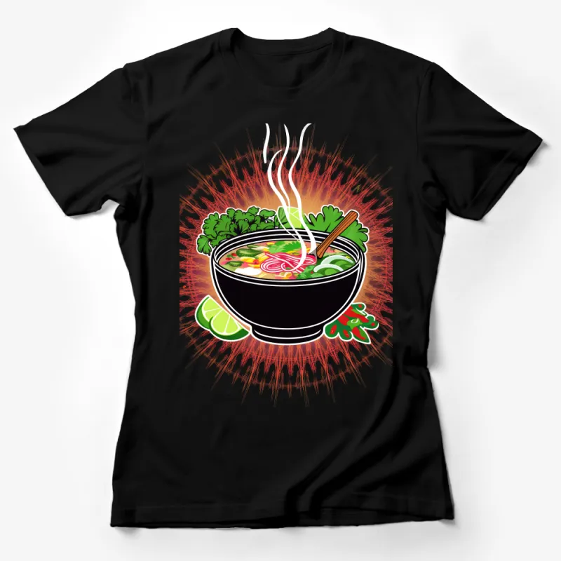 Spicy Noodle Soup T-Shirt, Fun Foodie Graphic Tee, Hot Ramen Bowl Print Shirt, Unisex Comfort Fit Apparel Female T-Shirt