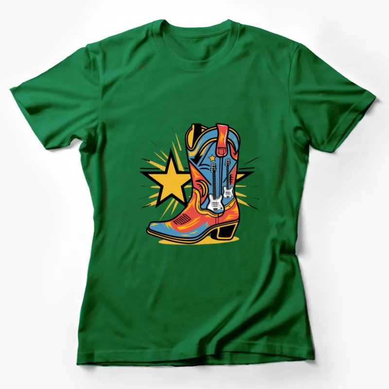 Colorful Western Boot Guitar Graphic Tee, Unisex Country Music T-Shirt, Cowboy Boot Shirt, Gift for Music Lovers Female T-Shirt