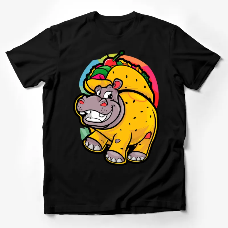 Playful Hippo Burger Character T-Shirt, Colorful Kids Tee, Funny Animal Shirt, Boys and Girls Casual Wear Male T-Shirt