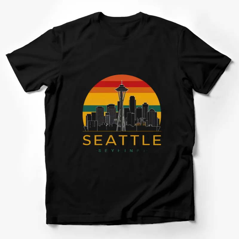 Seattle Skyline T-Shirt, Retro Sunset Graphic Tee, Urban City Landmark Shirt, Unisex Travel Souvenir Male T-Shirt