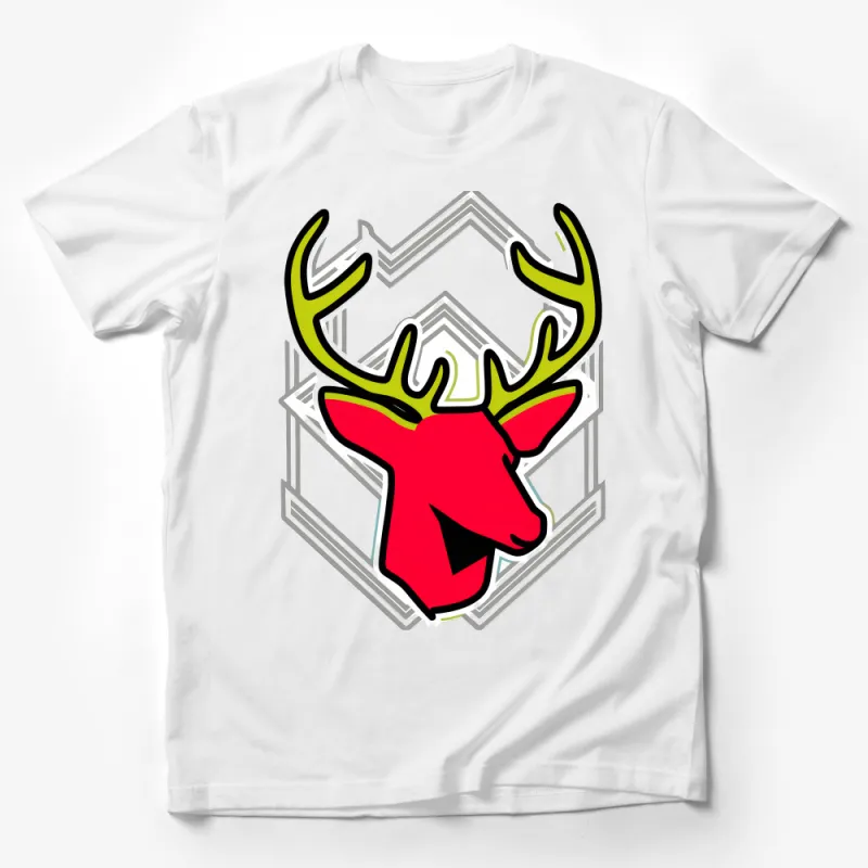 Graphic Deer T-Shirt, Vibrant Red and Green Stag, Bold Wildlife Tee, Unisex Nature Shirt, Modern Animal Top, Casual Outdoor Apparel Male T-Shirt