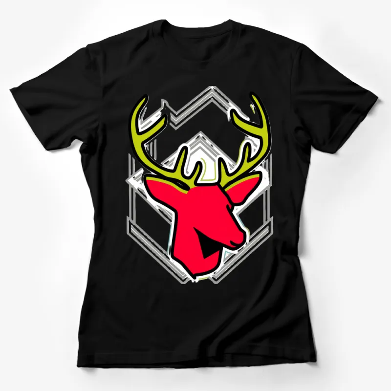 Graphic Deer T-Shirt, Vibrant Red and Green Stag, Bold Wildlife Tee, Unisex Nature Shirt, Modern Animal Top, Casual Outdoor Apparel Female T-Shirt