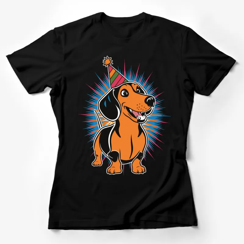 Colorful Dachshund Dog T-Shirt, Happy Birthday Party Hat Graphic Tee, Cartoon Wiener Dog Lover Gift, Unisex Adult Apparel Female T-Shirt