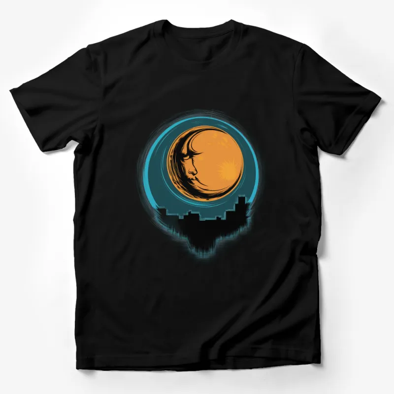 City Skyline T-Shirt, Abstract Moon Graphic Tee, Unisex Modern Urban Shirt, Artistic Apparel for All Ages Male T-Shirt