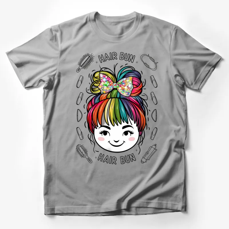 Colorful Hair Bun Graphic Tee, Women's Whimsical Hairstyle T-Shirt, Rainbow Hair Art, Fashionable Hairdresser Gift, Stylish Top Male T-Shirt