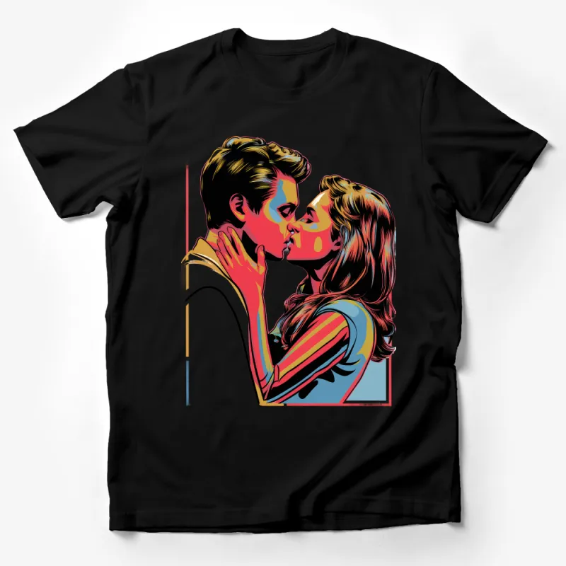 Retro Pop Art Love T-Shirt, Colorful Couple Kissing Graphic Tee, Vintage Inspired Romantic Shirt, Unisex Fashion Top, Gift for Lovers Male T-Shirt